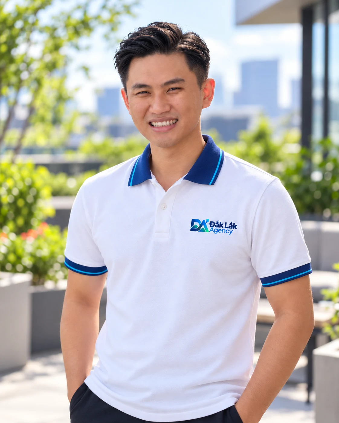 Người đại diện mặc áo polo đồng phục Đắk Lắk Agency