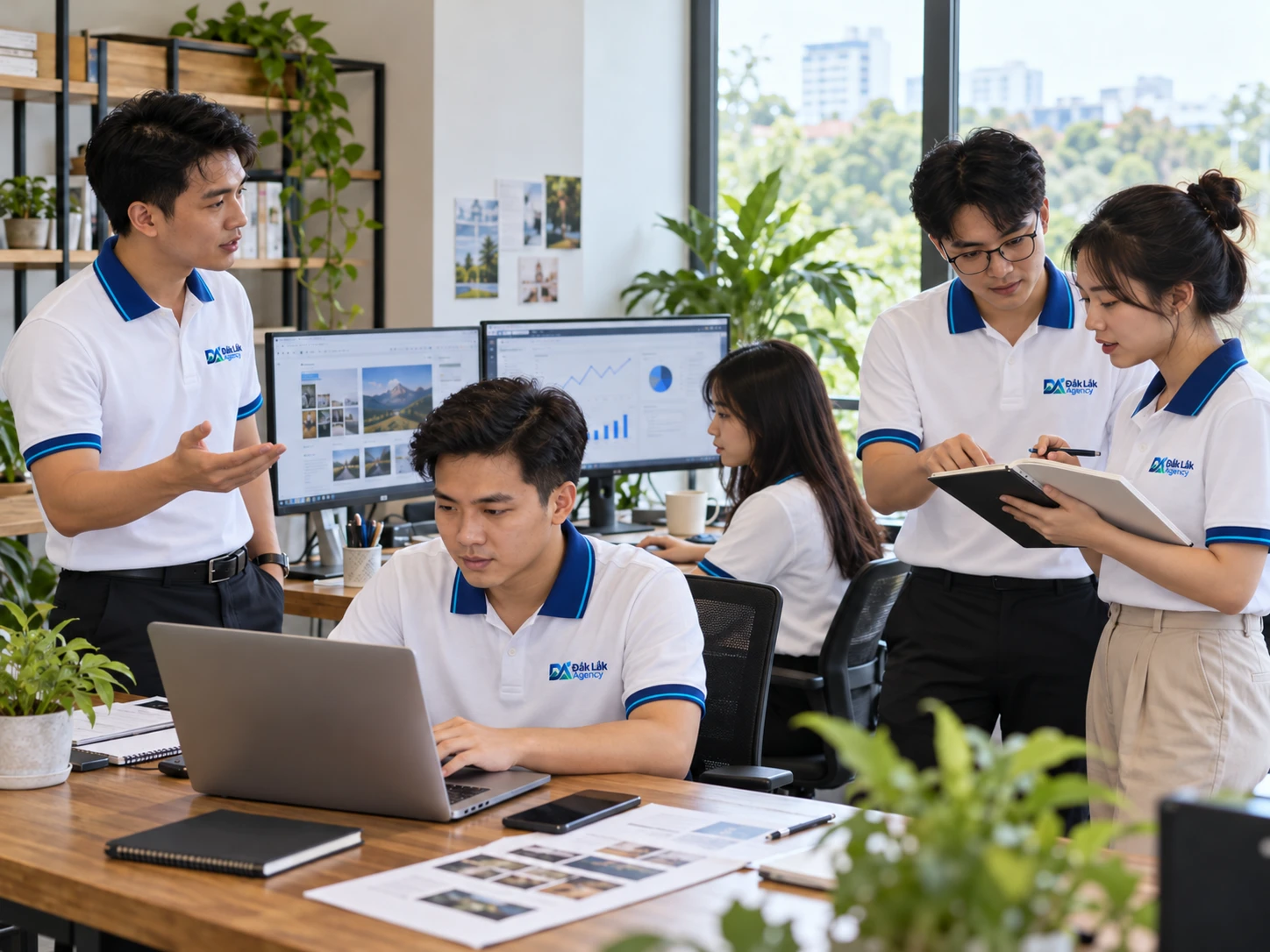 Minh họa đội ngũ 5 người Việt mặc đồng phục Daklak Agency làm việc trong văn phòng digital marketing