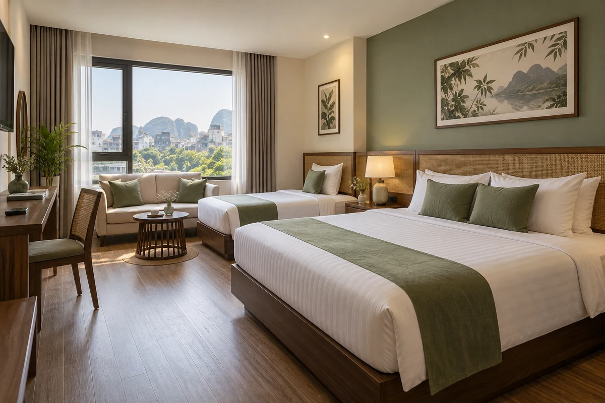 Phòng gia đình với giường đôi và giường đơn