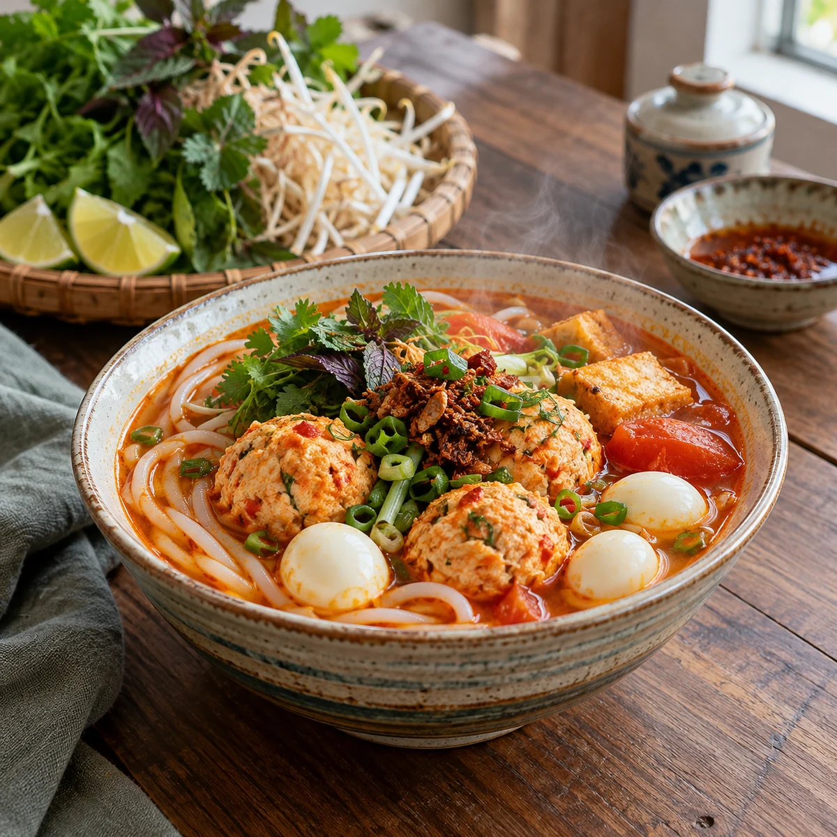 Tô bún đỏ với trứng cút và rau ăn kèm